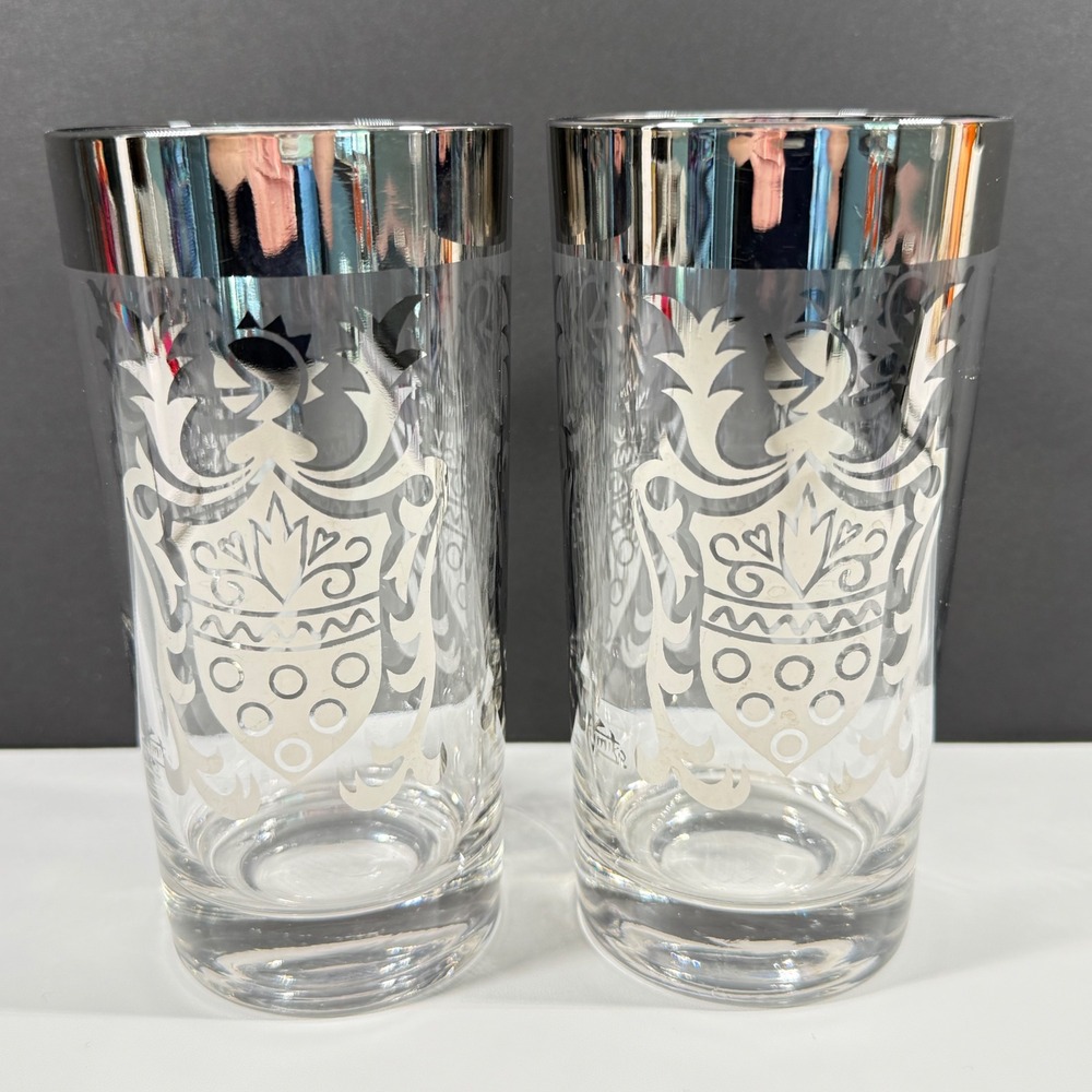 2 Vintage KIMIKO 60s Silver Knight Heraldic Crest Highball Glasses MCM Barware